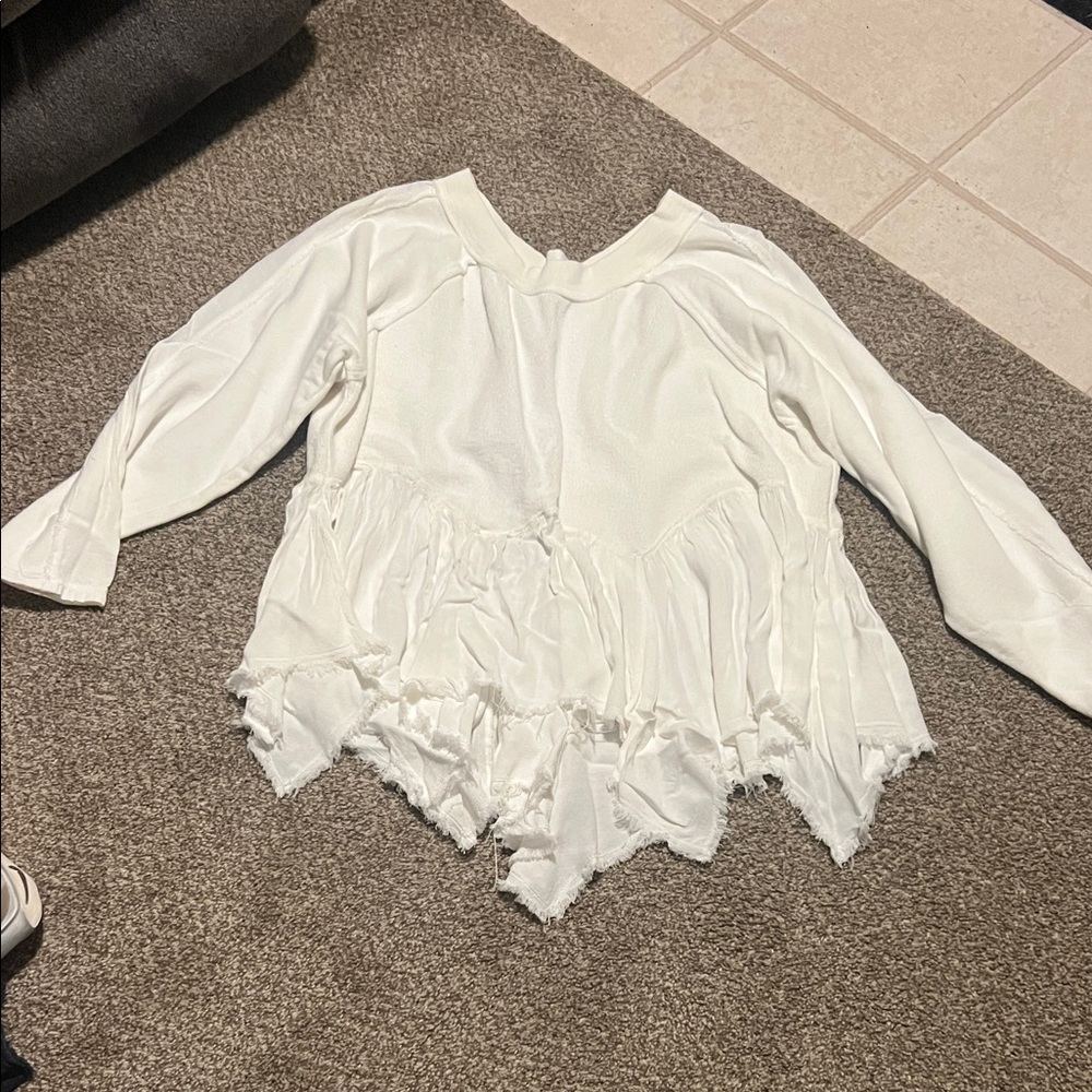 Free People White Ruffled Gauze Long Sleeve Top M